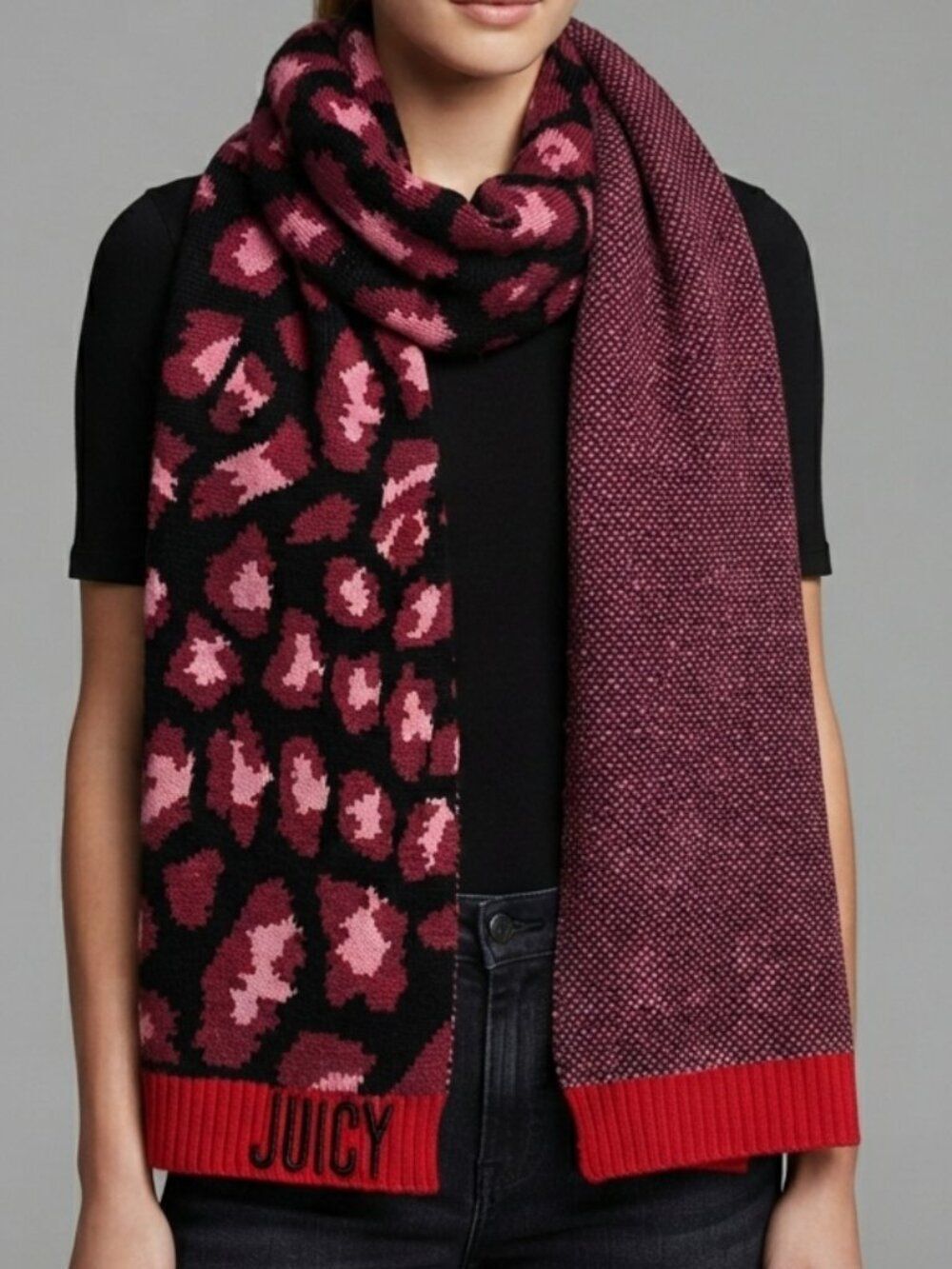 Juicy Couture Pink Red Leopard Print Knit Scarf Embroidered Logo Y2K McBling OS